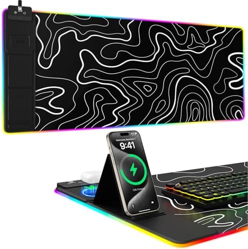 Mouse Pad with Phone Holder, Wireless Charging Desk Mat, RGB Gaming Mousepad Home Office Large Desk Pad with Ultra-Smooth Surface, Non-Slip Base, Waterproof Keyboard Pad,Topographic Black
