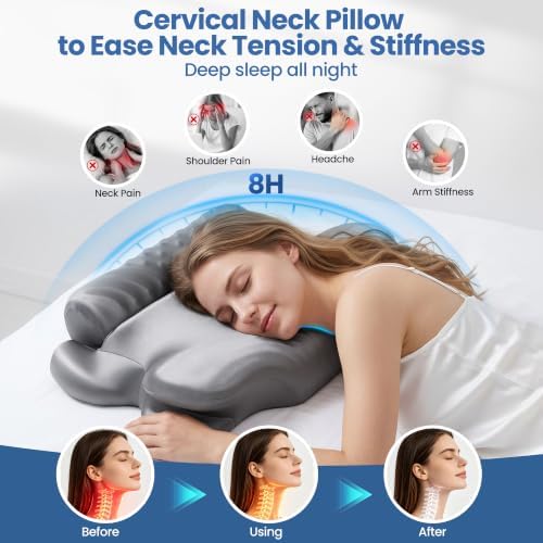 Cervical Pillow for Neck Pain Relief, 2-in-1 Orthopedic Neck Support Pillow for Sleeping, Cooling Ergonomic Contour Memory Foam Pillow for Side Back Sleepers, Adjustable with Detachable Roll