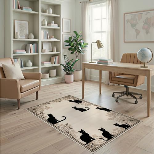 4'x6' Black Cat Taupe Design with Motifs Ultra-Soft Area Rug