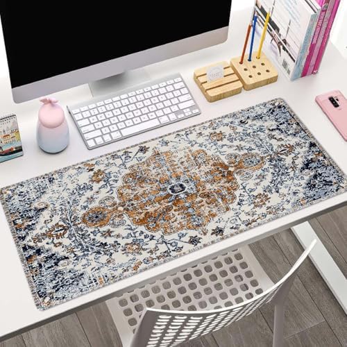 Mouse Pad Gaming, Large Mouse Pads, Non-Slip Rubber Base Mousepad, Keyboard Mouse Mat Desk Pad with Stitched Edges, 31.5x11.8 inch Carpet Pattern Boho Style Ethnic Design Orange Blue