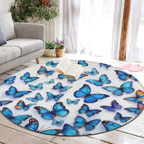 Large Machine Washable Circular Rugs, Home Decor Round Mat for Living Room Sofa Office Blue Butterfly Art