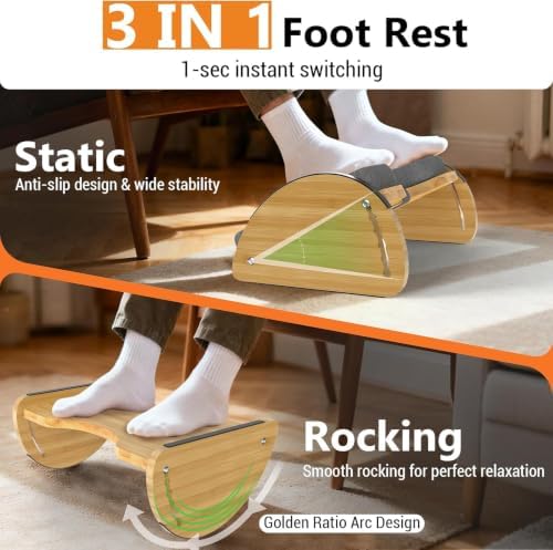 Bamboo Foot Rest for Under Desk at Work 3-in-1 Desk Footrest with Cushion