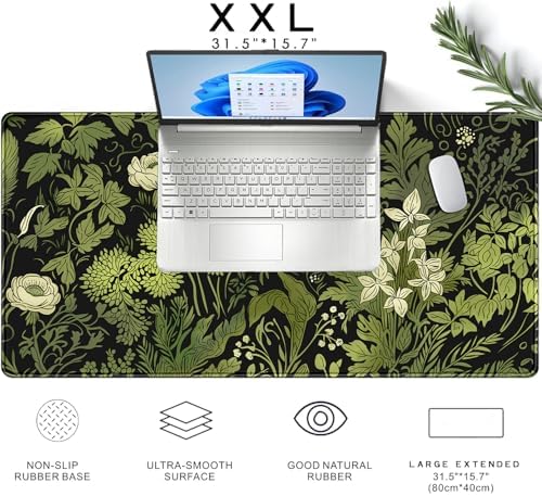Floral Desk Mat Green Leaves Plant Desk Pad Matt for Desktop Large Gaming Mousepad XXL Full Desk Mouse Pad Computer Keyboard Mat Deskmat Aesthetic Office Desk Decor 31.5 X 15.7 Inch
