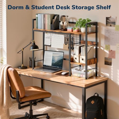 Desk Shelf, 38.6" Desk Hutch with Pegboard Hooks Set, Rustic Brown