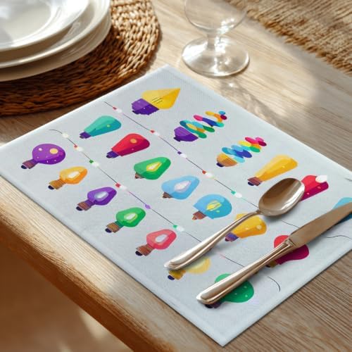 Shrahala Christmas Lights Set Set of 6 12 X 18 Inch Linen Placemats, Colorful Holiday Lightbulb Burlap Table Mat Washable Double Layered Heat Insulation for Indoor