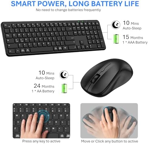 Wireless Keyboard and Mouse Combo, Full-Size Silent Ergonomic Keyboard and Mouse, Sleep Mode, Long Battery Life, 2.4G Lag-Free Cordless Mice Keyboard Set for Computer, Laptop, PC, Mac, Windows (Black)