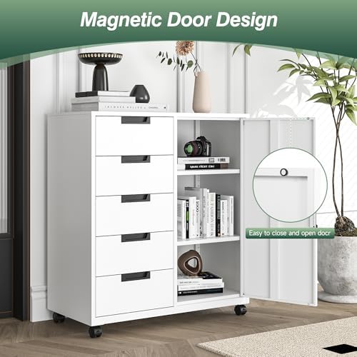 MIIIKO 5 Drawer Storage Cabinet with Door and Shelf, Mobile Lateral Cabinet on Wheels, Office Small Organizer Printer Stand, White File Cabinets