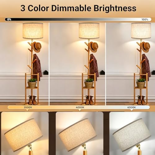 Coat Rack Standing Lamp Floor Lamp with Shelves, Modern Tall Lamp with 5 Hooks Clothes Rack, 3 Color Dimmable Floor Lamps for Bedroom, Living Room, Entryway, Corner