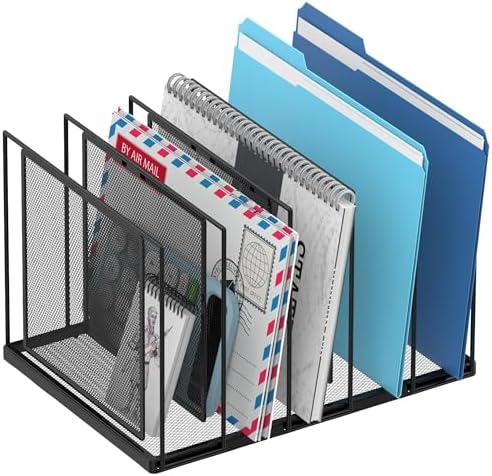 File Organizer for Desk, 5-Section Vertical File Sorter, Paper Holder Organizer Standing Metal File Folder for Office Home Classroom, Black