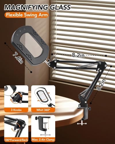 10X 30X Magnifying Glass with Light, Magnifying Lamp with Real Glass Square Lens, Stepless Dimming & 5 Color Modes, Magnifying Glass for Close Work, Crafts, Sewing, Repair & Reading