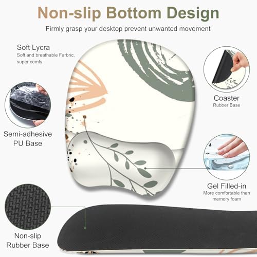 Large Mouse Pad with Wrist Support 4 in1 Set, XXL Big Game Mousepad + Keyboard Wrist Rest+Mouse Wrist Rest+Coaster Ergonomic Gaming Mat for Home Office Table Computer I Modern Boho Leaves