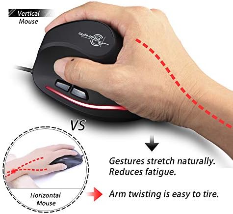 zelotes Vertical Ergonomic Mouse,3200DPI,6 Buttons,LED Illumination,Prevention Against Mouse Arm,USB Optical Wired Mice for Laptop,PC,Mac,Black