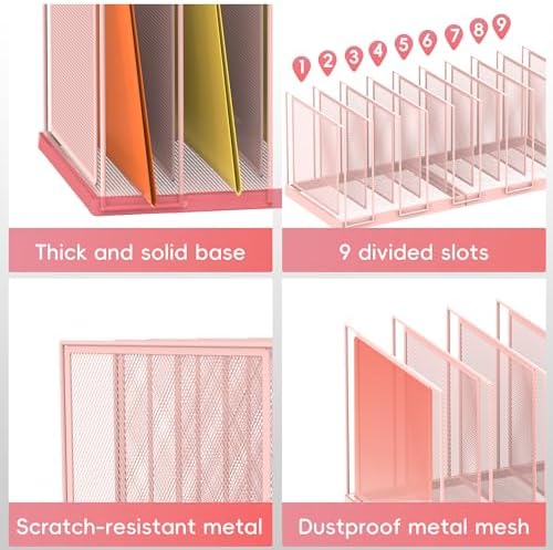 9-Section Desk File Organizer, Vertical File Holder, Mesh Desktop File Folder Metal File Organizer Stand for Office Home Classroom, Pink
