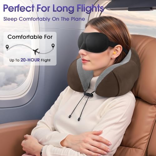 CloudBliss Memory Foam Travel Neck Pillow Airplane, 2 Pack, Black & Brown