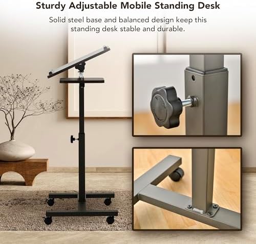 Displays By Jack Adjustable Height Rolling Laptop Desk with Tilting Top & Side Shelf – Mobile Sit Stand Computer Table on Wheels for Home Office, Classroom, Study Room