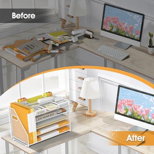 5 Tier Paper Letter Tray Desk Organizer with Pen Holders - White