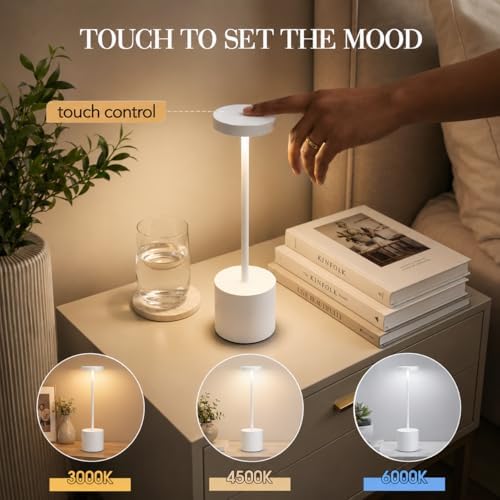 AUDLES White Cordless Table Lamp Set of 2, USB Rechargeable Touch Dimmable