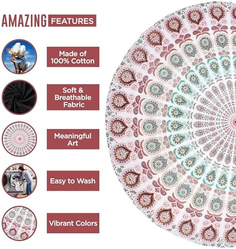 raajsee White Brown Round Beach Tapestry Hippie/Boho Beach Blanket Mandala/Indian Cotton Throw - Round Tablecloth/Home Decor/Indie Rug Yoga Mat Meditation Picnic Rugs 127 CM / 50 INCHE Circle