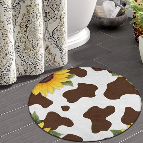Fashion Round Area Rug Large Non Slip Carpet, Cow and Sunflower Unisex Home Decor Mat