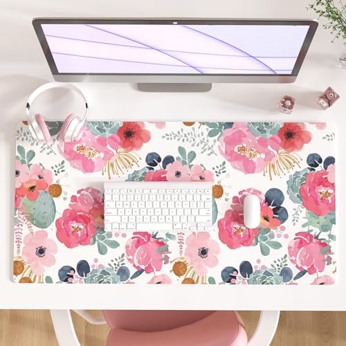 QIYI PU Leather Large Mouse Pad, Waterproof Desk Mat, 31.5" x 15.7", Peony