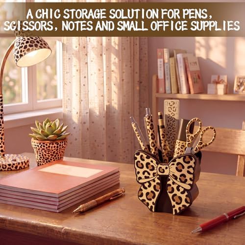 Tenceur Leopard Print Bow Holder for Desk Large Capacity Bow Pencil Holder