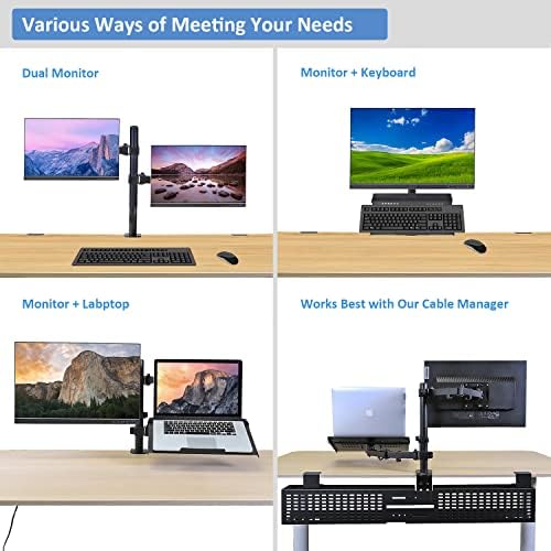AEONS Monitor and Laptop Desk Mount Combo Stand with Notebook Tray fits 17 inch, 2-in-1 Adjustable Dual Arm Mount fits up to 32 inch LCD Screen with VESA, Clamp and Cable Management, Black