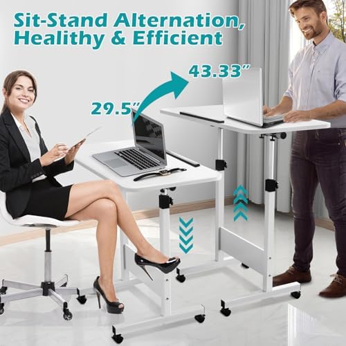 ZHIDIAN Tiltable Foldable Standing Desk Adjustable Height, Portable Computer Desk with Wheels, Mobile Sit Stand Small Rolling Laptop Table for Walking Pad, Bike Trainer, White