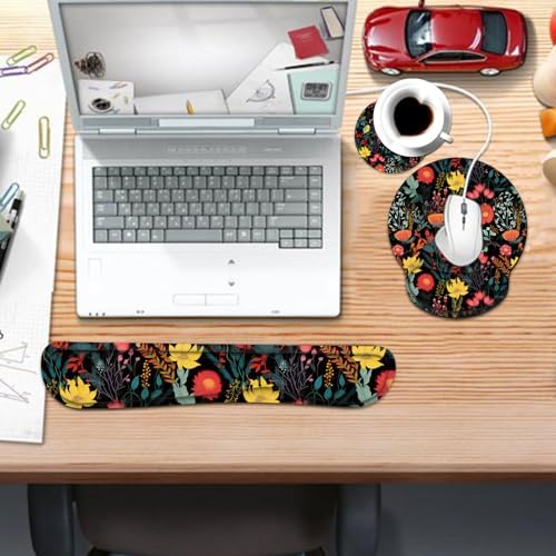 Keyboard Wrist Rest and Mouse Pad Wrist Support Set with Coaster,Ergonomic Mouse Pad,Comfortable for Easy Typing, Pain Relief,Memory Foam Keyboard Pad Set for Laptop Mac,Beautiful Floral