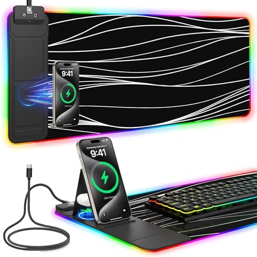 Mouse Pad with Foldable Phone Holder & Wireless Charger, XL RGB Gaming Mousepad 31.5"x11.8" Large Desk Mat for Keyboard, Home Desk Pad with Dual Qi Charging Station | 11 Colors & 5 Modes | Waterproof