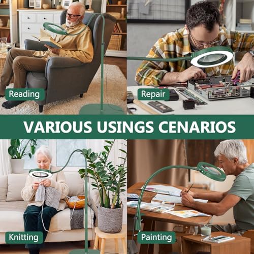 15X Magnifying Glass with Light and Stand, Optical Grade Real Glass Lens, 5 Color Modes, Stepless Dimmable, 24" Flexible Gooseneck 3-in-1 Floor Lamp, LED Lighted Magnifier Hands Free for Hobby - Green