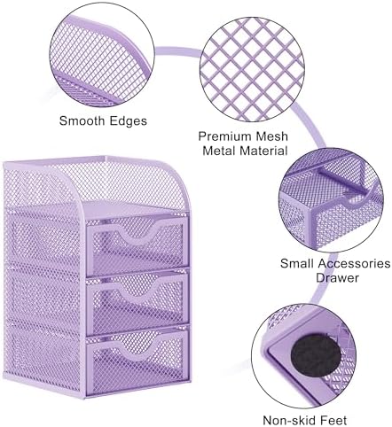 EasyPAG Mesh Desk Organizer with 3 Drawer Office Desktop Organizers and Accessories Stationery Caddy for Office, Home, Students, Purple