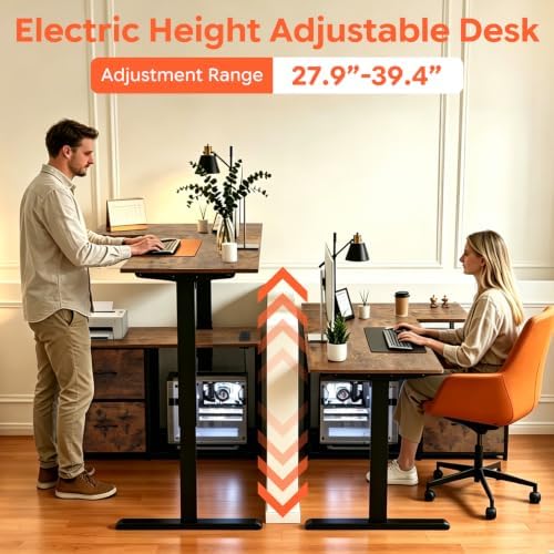 55″ Electric Standing Desk with Drawers, L-Shaped Vintage Brown Adjustable Height Corner Gaming Computer Desk for Home Office, Memory Preset, Stable Steel Frame, Power Outlet & USB-C Port