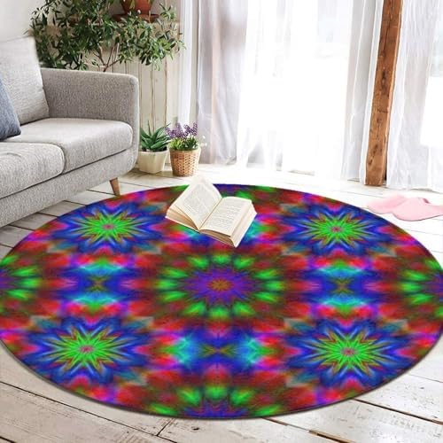 Men's Large Home Decor Mat, Soft Round Yoga Carpet, Non Slip Machine Washable Home Office Circle Rug Trippy Tie Dye Mandala Colorful, 36inch