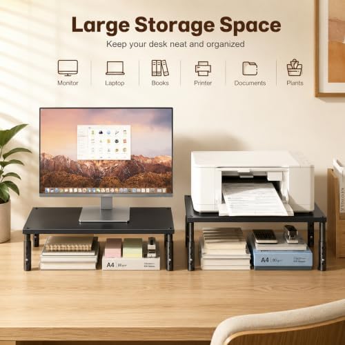 OPNICE Adjustable Monitor Stand Riser for Desk, Wood Computer & Laptop Stand, Desk Organizers and Accessories, Office Desk Accessories & Workspace Organizer for Home Office Supplies, Black