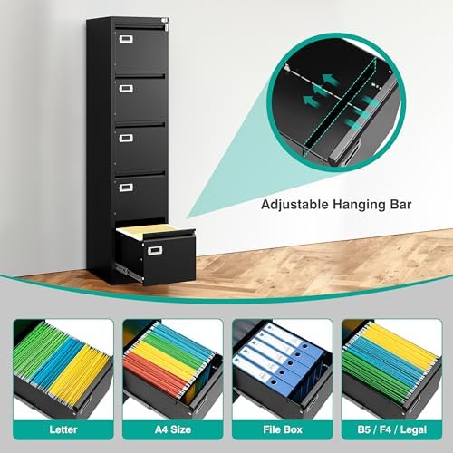 SISESOL 5 Drawer File Cabinet with Lock,Black Narrow Vertical File Cabinet Five Drawer,Tall Office Filing Cabinets,Metal Filing Cabinets for Home Office,Fit A4,Legal,Letter Size,-Assembly Required