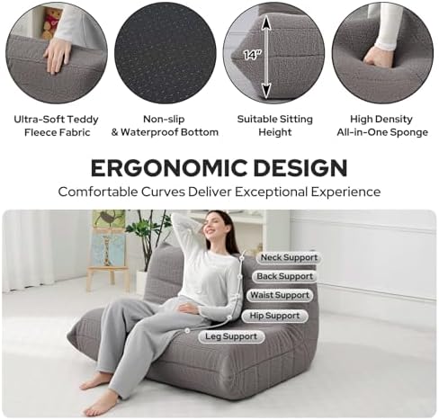 HABUTWAY Bean Bag Chairs Fireside Lazy Floor Sofa,2 Seater,Grey
