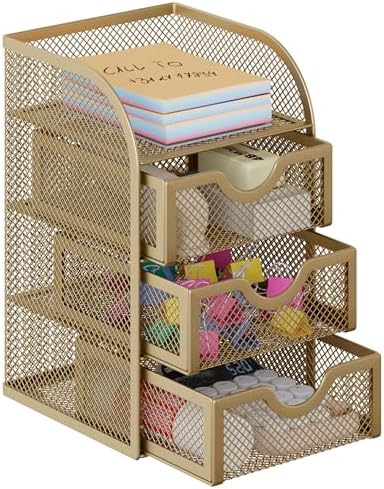 EasyPAG Mesh Desk Organizer with 3 Drawer Office Desktop Organizers and Accessories Stationery Caddy for Office, Home, Students, Gold