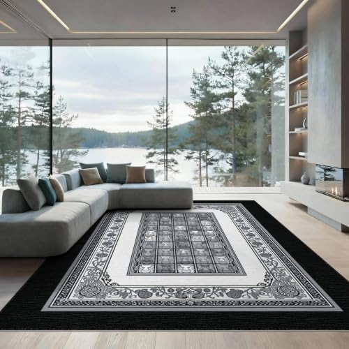 8'x10' Charcoal Gray Cat Motif with Vine Border Washable Area Rug