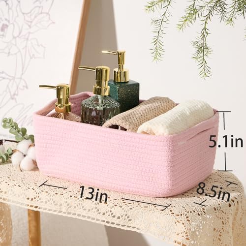 MiniArk Small Storage Baskets for Organizing | Closet Organizer Bins | Shelf Toy Basket | Woven Rope Baskets | Cube Decorative Box | Shallow Basket | 13x8.5x5.1” | 3 Packs Pink