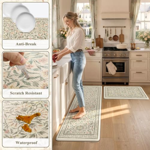 KIMODE Anti Fatigue Kitchen Mats for Floor 2 Piece 20"x59"+20"x32", Boho Kitchen Runner Rugs Non Slip, Beige Cushioned Kitchen Floor Mats, Comfort Standing Mats for Sink, Waterproof Laundry Room Rug