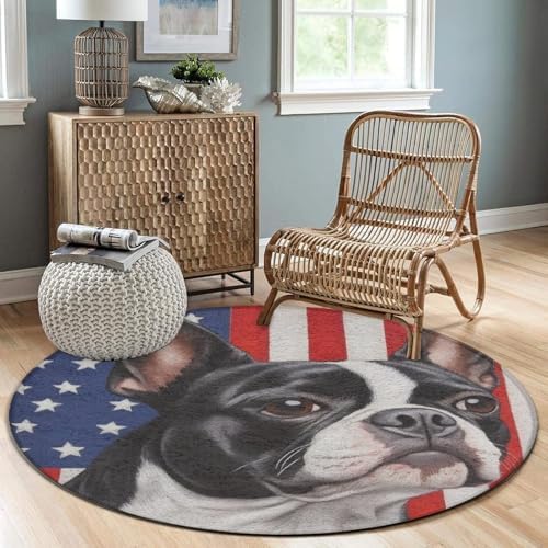 Home Decor Non Slip Kitchen Office Circle Rug, Machine Washable Modern Round Area Rug, Room Sofa Yoga Soft Round Carpet American US Flag Boston Terrier, 36inch
