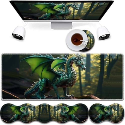 4 in 1 Mouse Pad Combo, Large Gaming Mouse Pad + Keyboard Wrist Support + Mouse Wrist Rest + Coaster, Table Pad 31.5 "x 11.8" with Memory Foam Ergonomic Wrist Pad Set, Forest Green Dragon