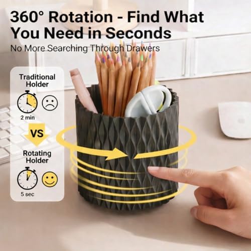 Black Pen Holder for Desk, 360° Rotating Pencil Organizer, 5 Slots