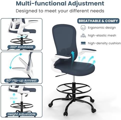 Drafting Chair, Tall Office Chair with Flip-up Armrests Executive Ergonomic Computer Standing Desk Chair, Office Drafting Chair with Lumbar Support and Adjustable Footrest Ring