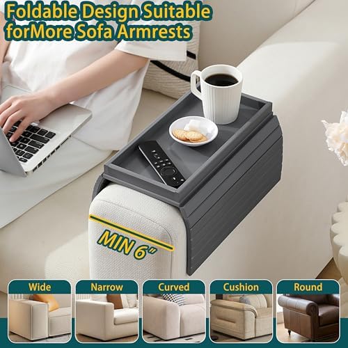 Bamboo Couch Arm Tray Table，Foldable Sofa Armrest Tray Table for Couch，Flexible and Anti-Slip Couch Arm Cup Holder，Portable Sofa Arm Chair Table for Drink,Cups, Eats，Snacks, Phone, Remote (Gray)