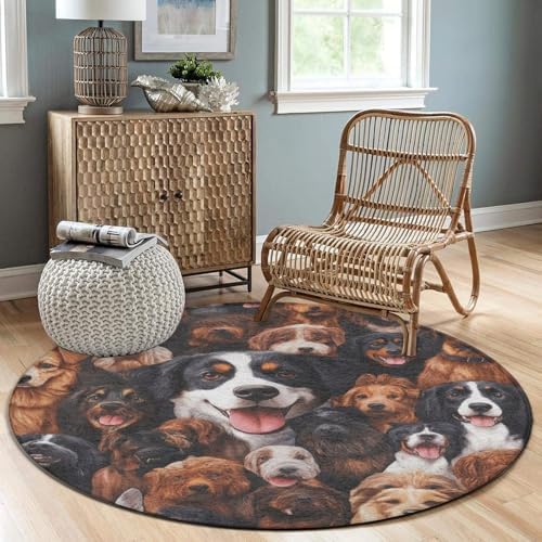 Room Sofa Yoga Soft Round Carpet, Home Decor Non Slip Kitchen Office Circle Rug, Machine Washable Modern Round Area Rug Husky Shepherd Dog Golden Hair Dog Puppy, 36inch