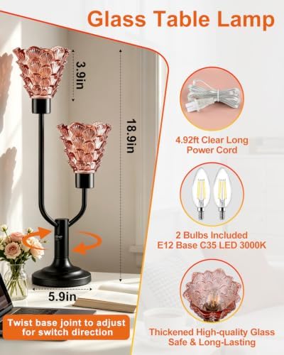 Lightdot Mid Century Modern Glass Table Lamp Vintage Pink Lamp Dimmable