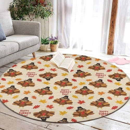 Fashion Round Area Rug Large Non Slip Carpet Unisex Home Decor Mat Cute Thanksgiving Turkey Art, 60inch