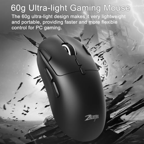 zelotes Gaming Wireless Mouse, Bluetooth Rechargeable with 9 Programmable Buttons,Ultra-Light 60g, 24,000 DPI, BT/USB 2.4G / Type-C, Ergonomic Optical Mouse for Laptop, PC,Office and Gamers (Black)