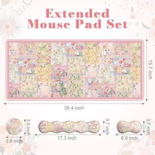 iLeadon Cute Floral Desk Mat Set, Non Slip Mouse Pad with Wrist Support